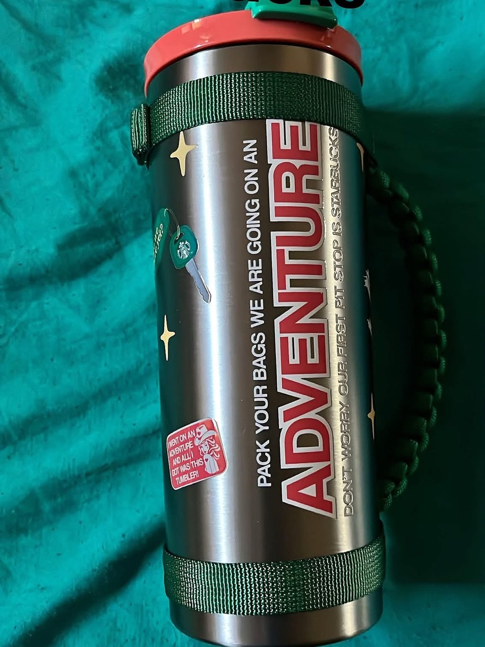 Starbucks Stainless Toiletry Bag / Pouch with Red Lid and Green Strap